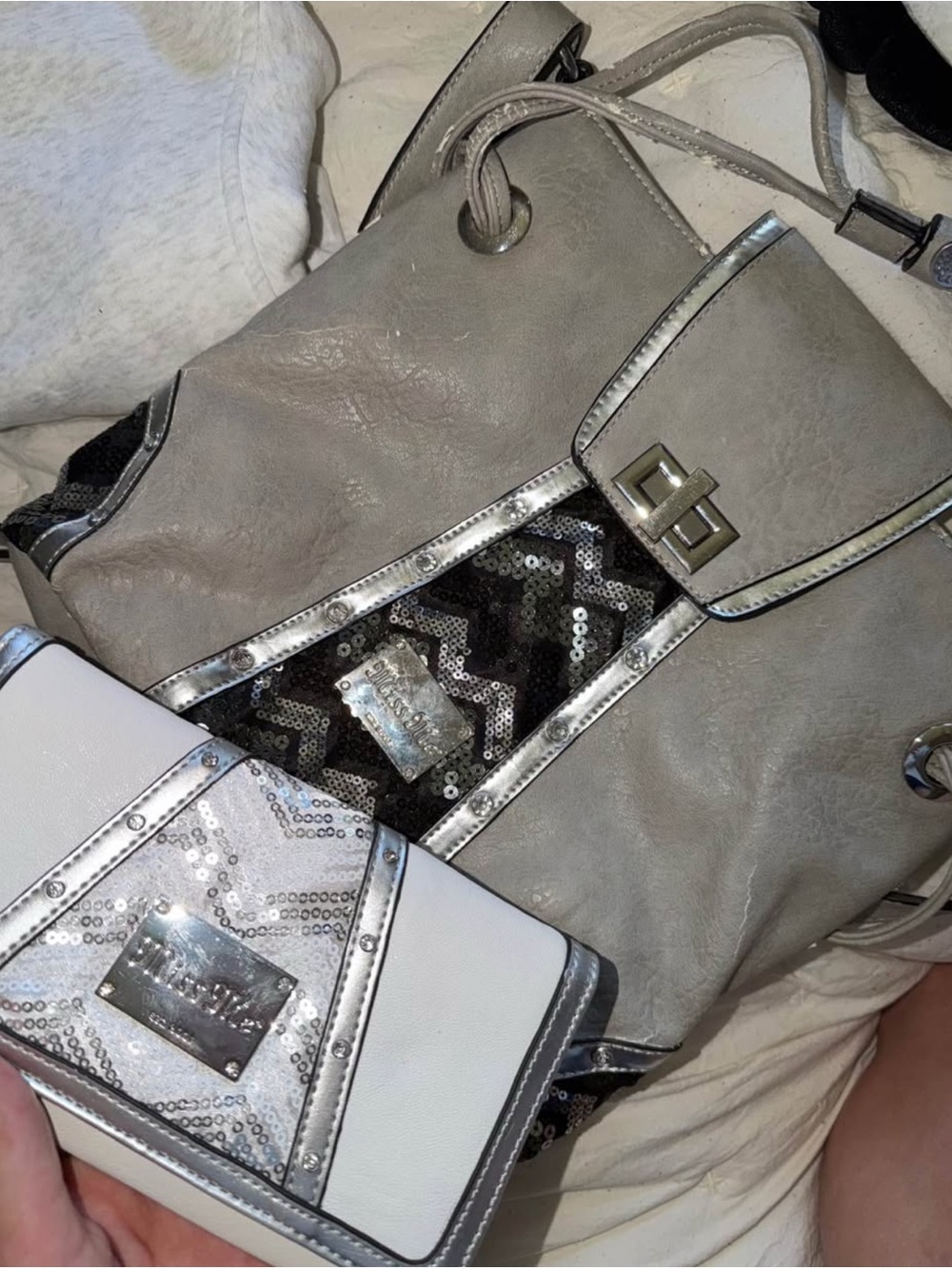 Miss Me Gray and White Sequin Accent Shoulder Bag with Matching Wallet